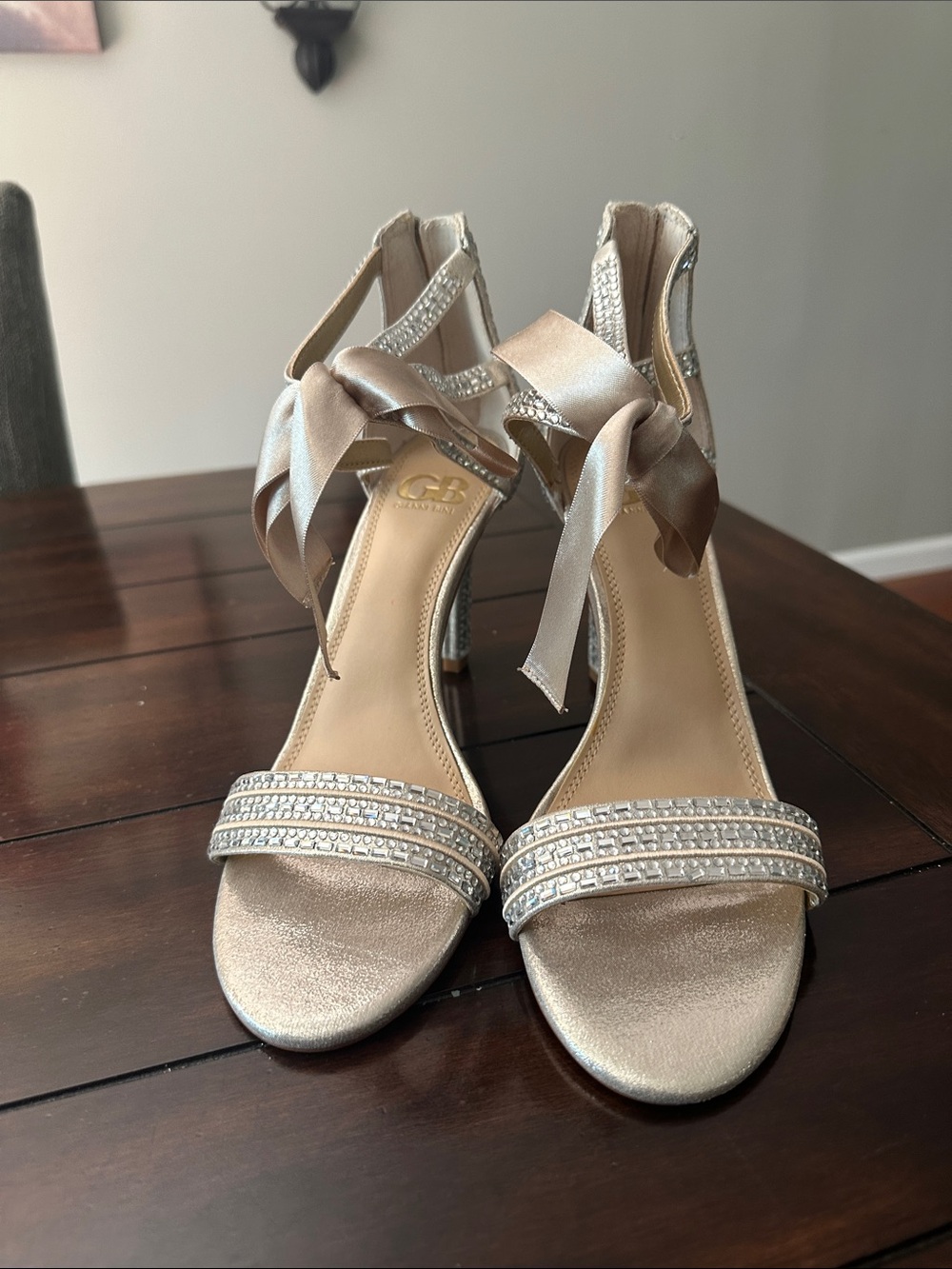 Gianni Bini Champagne Satin Rhinestone Ankle-Tie Heels
